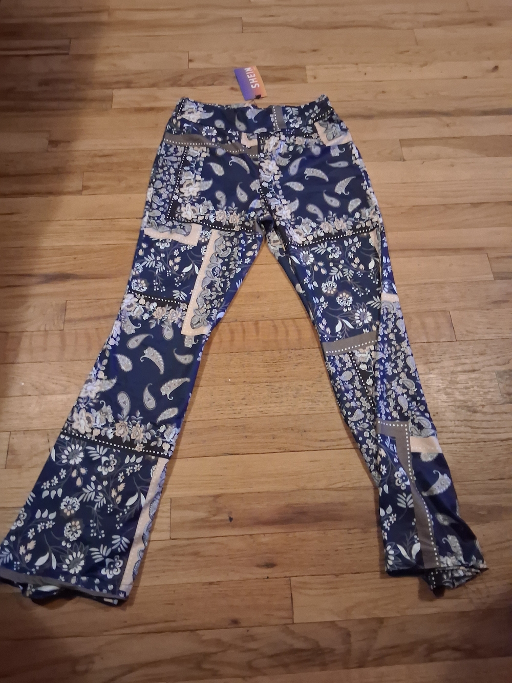 SHEIN Navy Blue Patchwork Print Boot Cut Pants